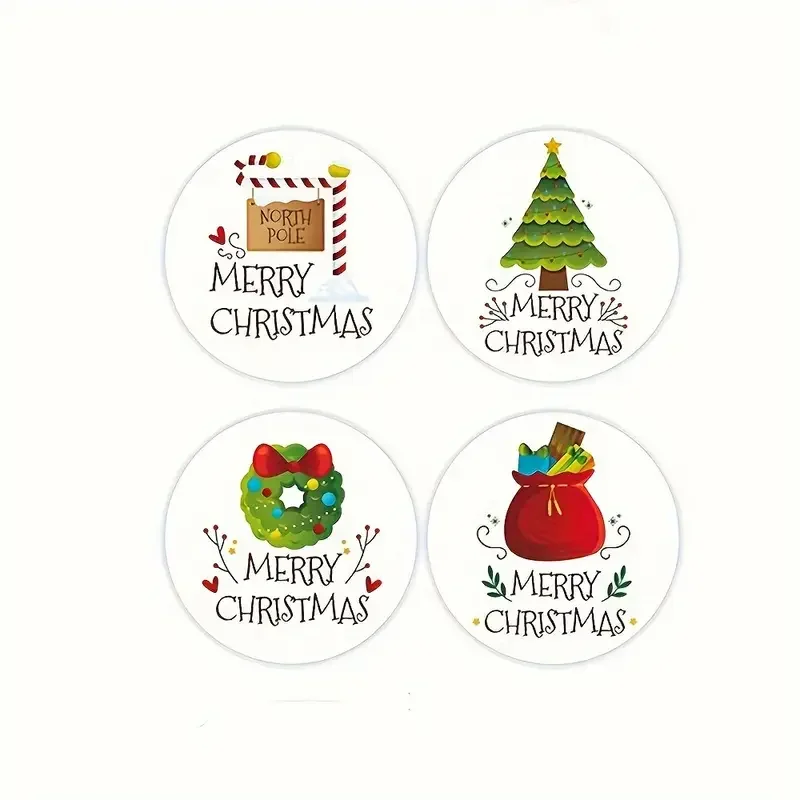 2026 Merry Christmas Round Stickers Xmas Tree Wreath Gift Bag North Pole Sealing Labels Self Adhesive Gift Wrap Stickers Holiday Envelope Decor Tags for Xmas Party Packaging Supplies