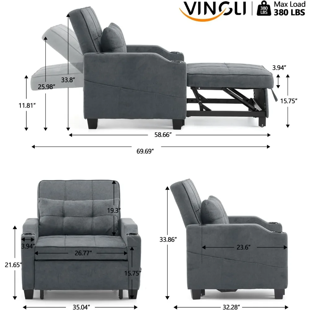 Sofa Bed Chair Recliner, 3-in-1 Convertible Sleeper Sofa Chair Bed Dark Gray Daybed Pull Out Couch Bed with Adjustable Backrest