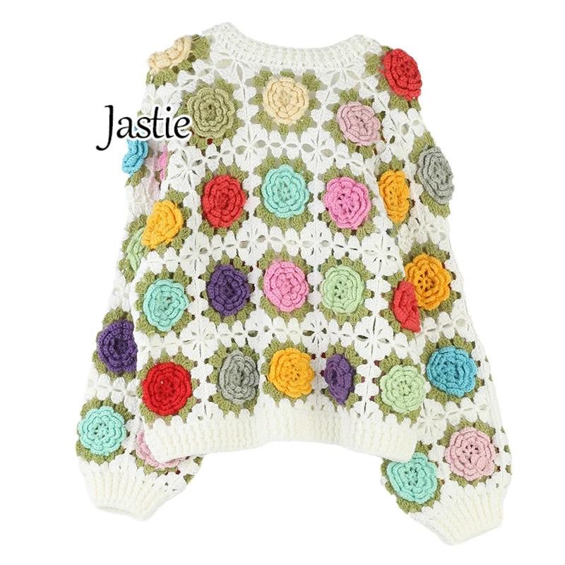 Jastie Heavy Sweater Cardigan Hand Hook Three-dimensional Flower Hollow Sweet Sweater Cardigan Jacket Luxury Design Knitted Top