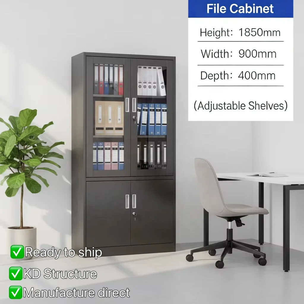 4-Door Black Steel Filing Cabinet Key Lock Adjustable Shelves-Large Capacity For Office School Hospital Commercial Use