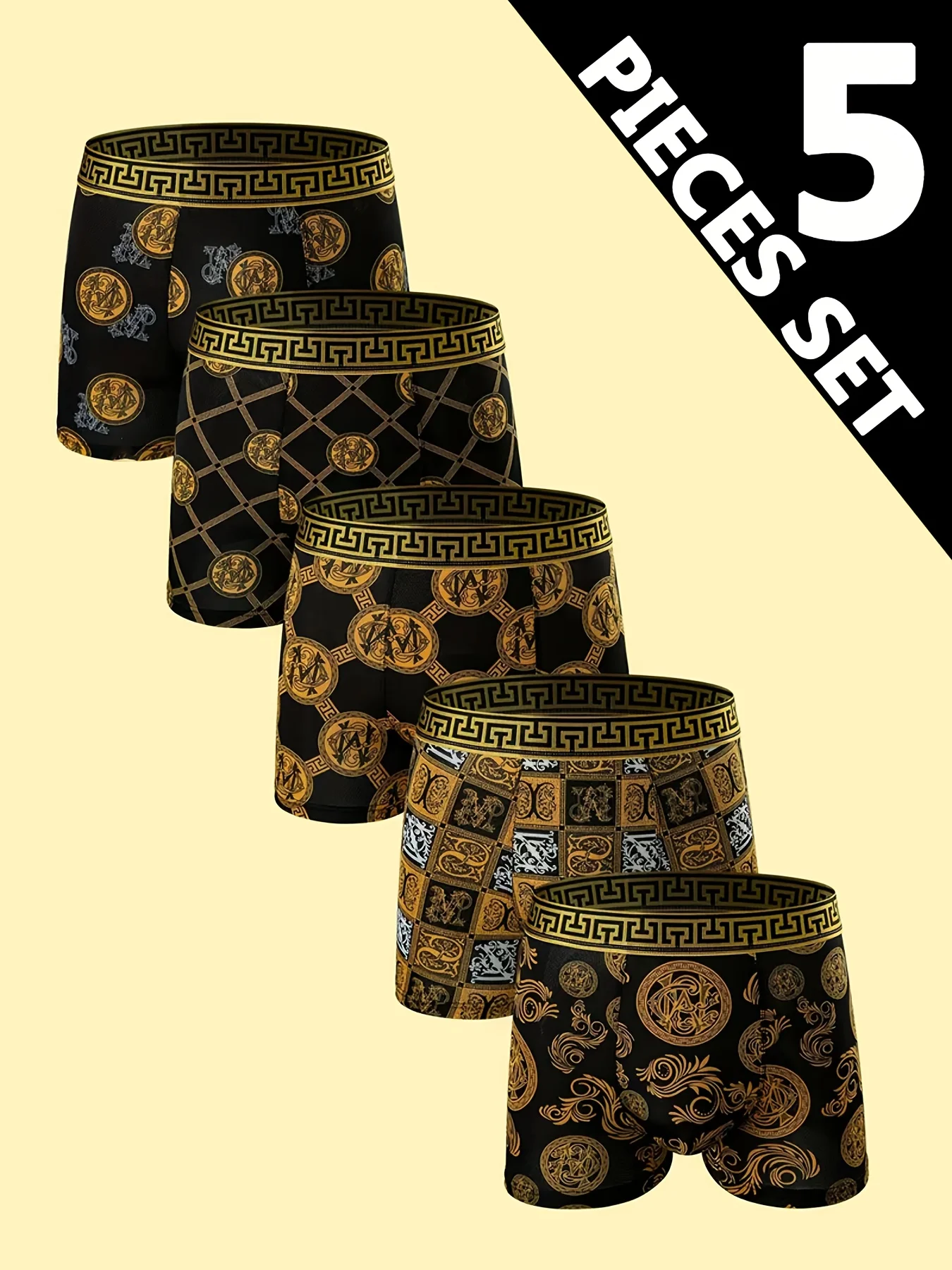

Роскошные мужские трусы-боксеры из 5 шт., черное, золотое, греческое, эластичное, дышащее, мягкое, повседневное нижнее белье премиум-класса для мужчин