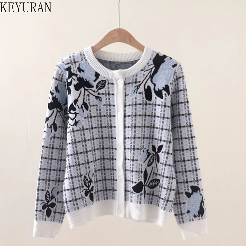 Sweter damski z dzianiny w kratę i kwiaty, elegancki, modny, z okrągłym dekoltem, długi rękaw, dzianinowe topy, kurtki, płaszcze, swetry damskie, 2025