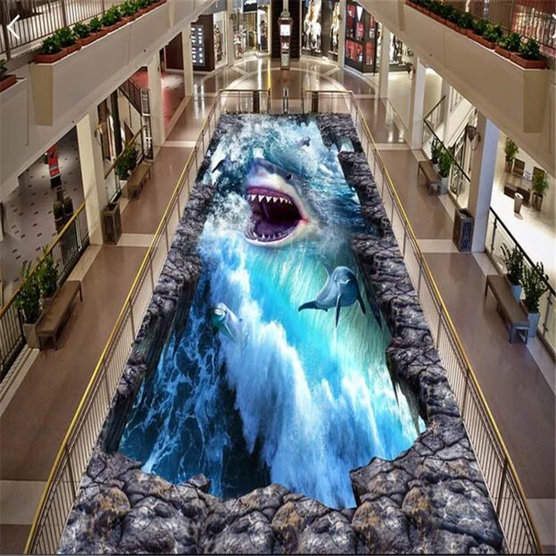beibehang world ocean shark 3D stereo outdoor bathroom kitchen wallpaper from the balcony board PVC floor mural 3D wall stickers