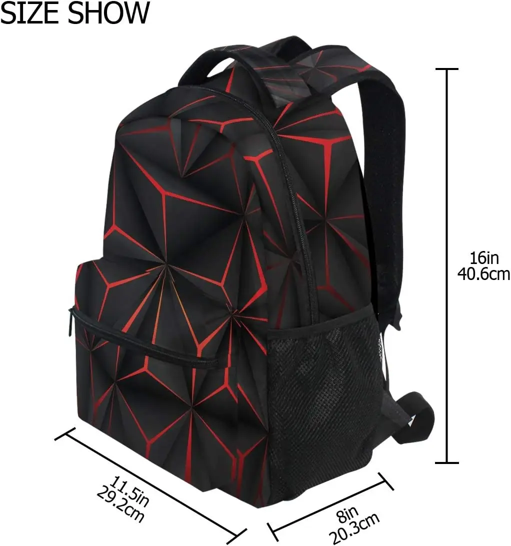 3D Geometric Black Polygon Red Futuristic Large Backpack Personalized Laptop IPad Tablet Travel School Bag with Multiple Pockets