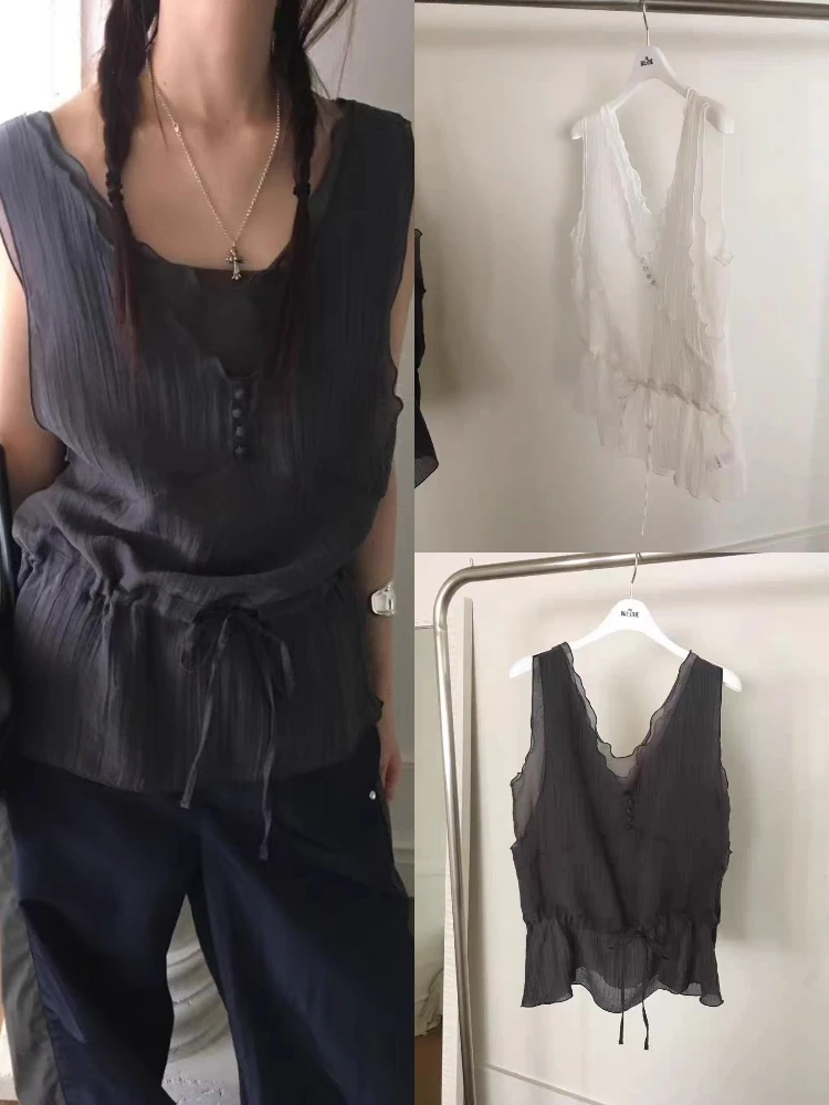 

Double Layer Svel V-Ne Waist-Cinched Vest Lightweight Breathable Wear-Over irt Dongda Gate Sle Commute Faion