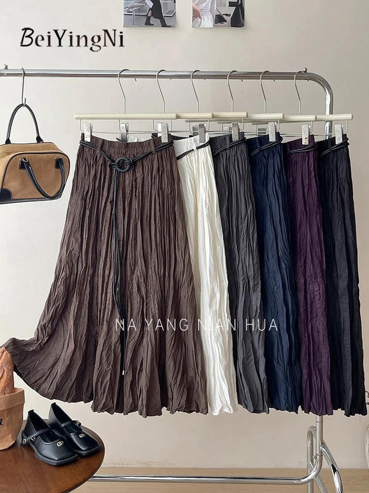 Beiyingni Jesienno-zimowe plisowane długie spódnice damskie z paskami, retro, jednolite, w stylu japońskim, damskie spódnice midi w kształcie litery A, Faldas