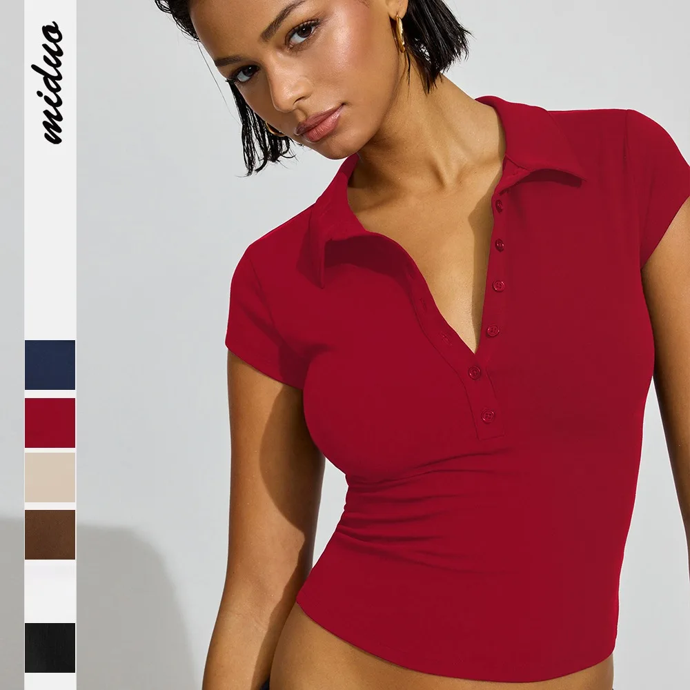 

2025 Summer New Women's T-Shirt Tops Fashionable Button-Up Short-Sleeve Fitted Top with Cinched Waist Y2k Woman Clothing