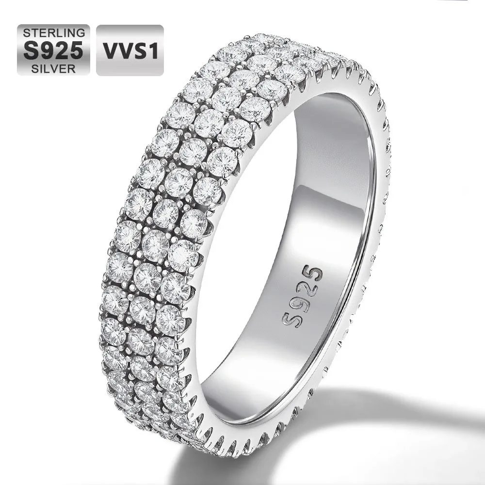 

ICEBLING 3Rows Moissanite Ring 925 Sterling Sliver Hip Hop Rings for Woman Man Party Sparkling Jewely