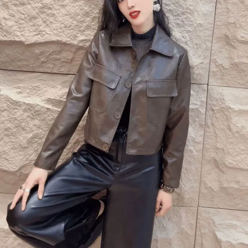 Primavera e outono feminino casaco superior jaqueta retro curto jaqueta de couro cor sólida simples confortável high-end macio versátil fino