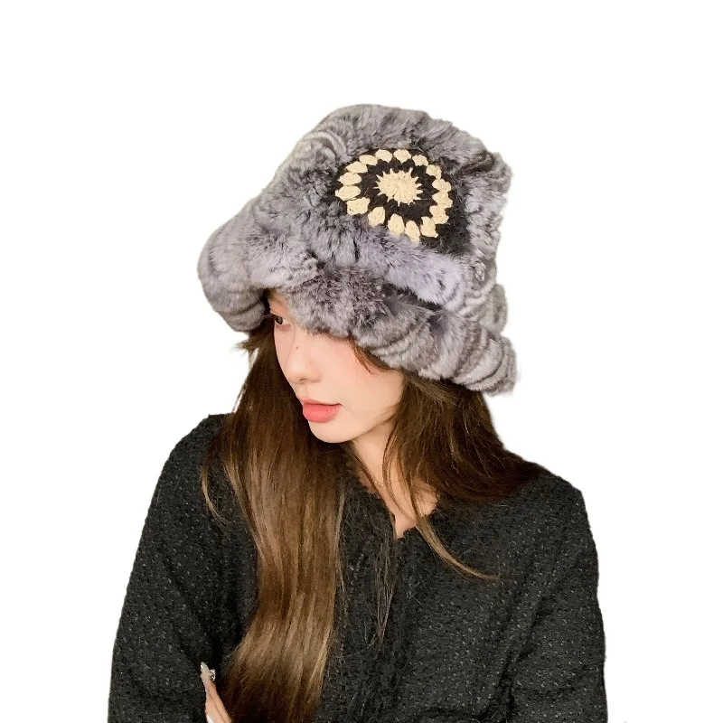 

National style lion dancing bucket hat real chinchilla fur soft warm winter hat for women