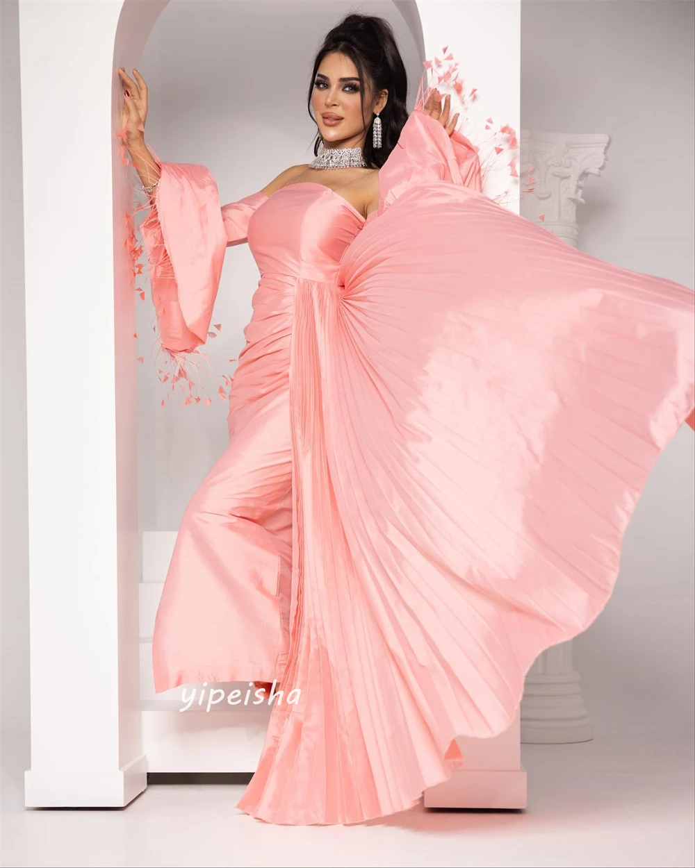 Jiayigong  Satin Draped Tassel Pleat Beach Sheath Strapless Bespoke Occasion Gown Long Sleeve Dresses