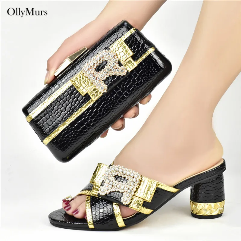 Fashion Summer Woman Slipper Shoes And Bags Set African Desgin PU With Rhinestone High Heels Shoes And Bag Set For Party