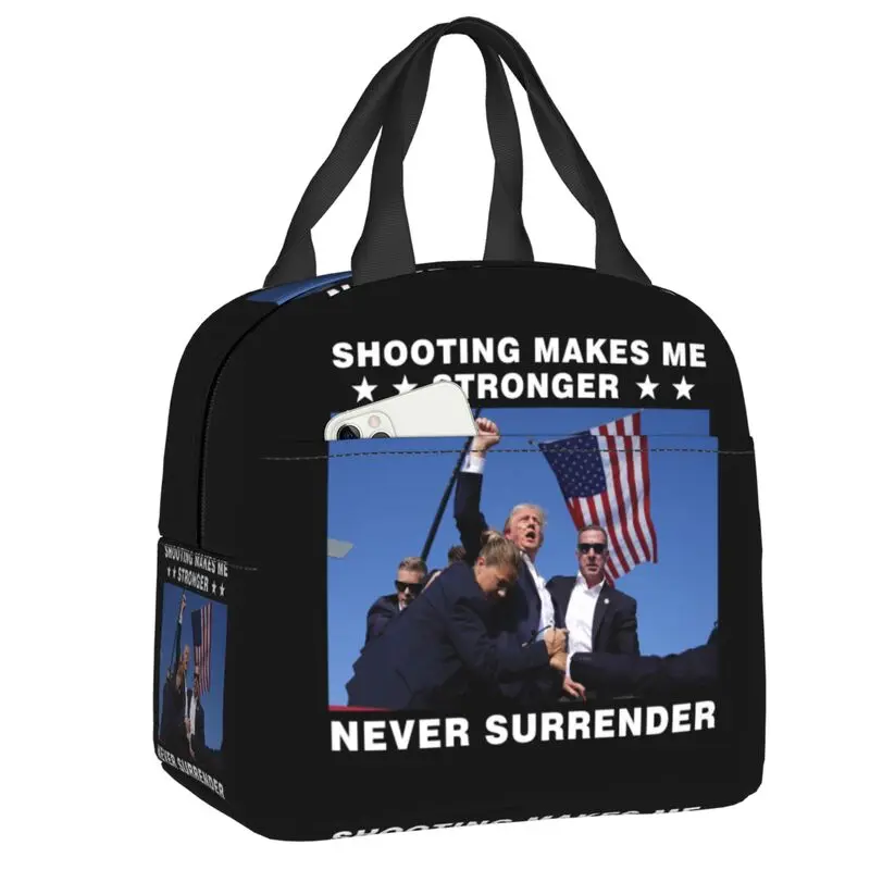 Custom Trump Never Surrender Lunch Bag Reusable Cooler Thermal Insulated Lunch Box For Women Kids School Picnic Food Tote Bags