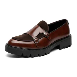 2025 Fashion Men's Casual Leather Shoes Men Classic British Style Monk Loafers Mens Slip-on Thick Sole Heightened Shoe Patchwork
