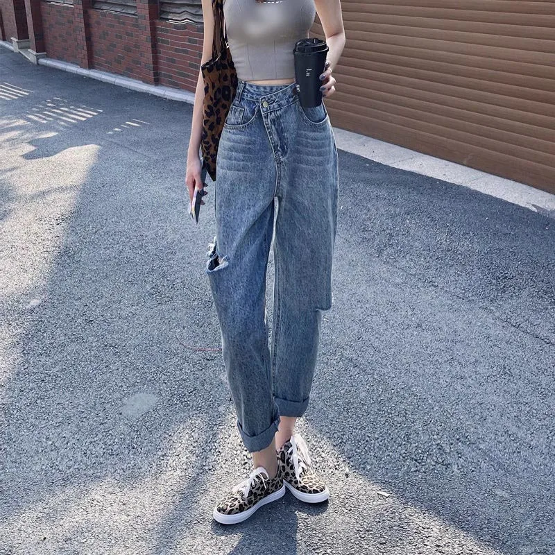 กางเกงยีนส์เอวสูงทรงสกินนี่ขาดๆ สำหรับผู้หญิง ฤดูร้อน ผ้าบาง สไตล์วินเทจ ขากว้าง ทรงหลวม ช่วยให้ดูผอม กางเกงฮาร์แลน ทรงเดดแพนท์ สไตล์ฮาราจูกุ