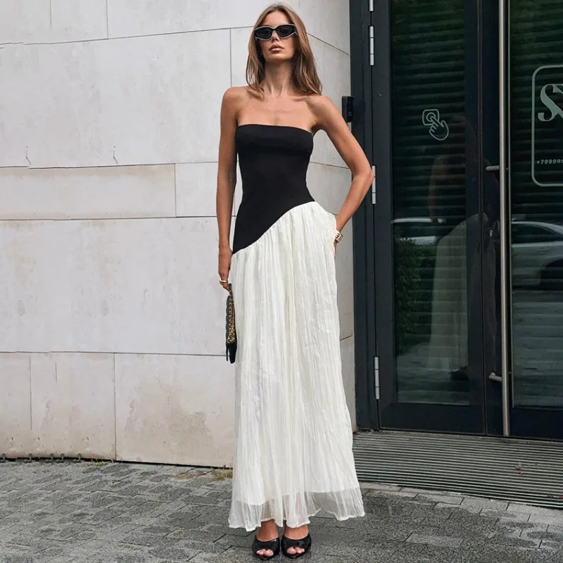 

Talenza Elegant Contrast Dress Women's Sexy Sleeveless Strapless Ruffled Patchwork Dress Summer New Female Party Evening Dresses