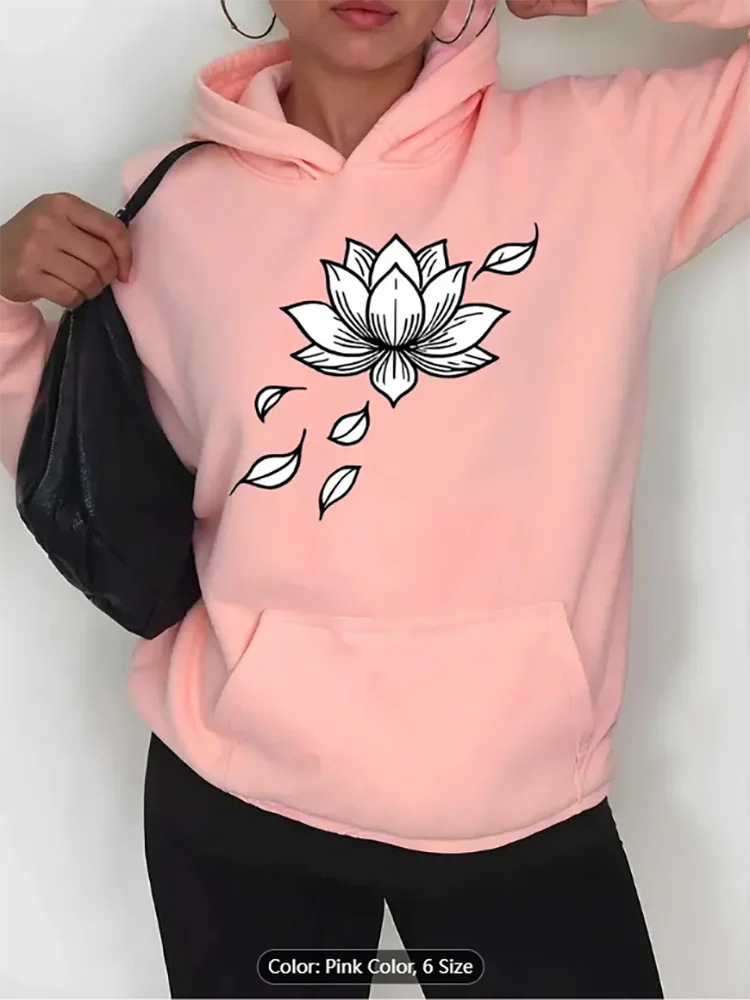 

Женская розовая толстовка с капюшоном в виде цветка лотоса и графическим принтом, повседневная толстовка с капюшоном на шнурке большого размера из чистого хлопка, повседневные рукава