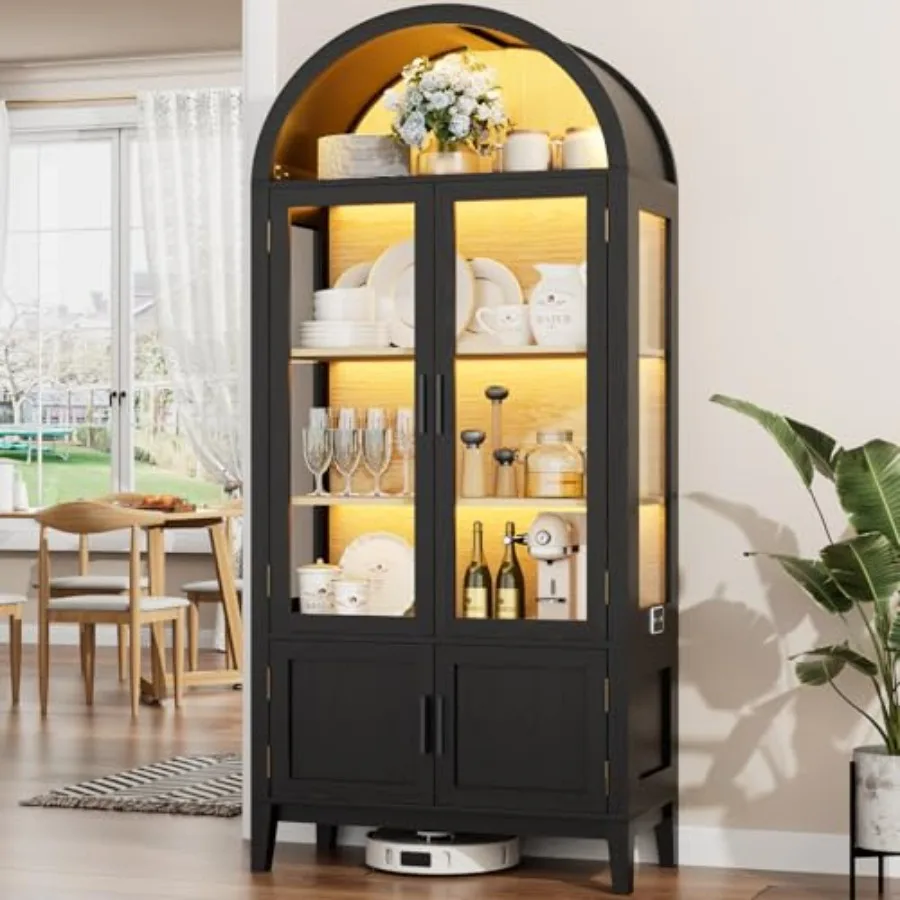 71 Kitchen Pantry Cabinet Arched Bookcase Chi Pantry Storage Cabinet with Glass Doors and Shelves Human Body Sensor Versatile C