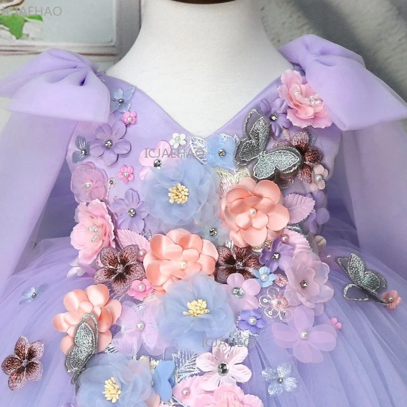 Purple Handmade 3D Applique Tulle Dress New Kids Party Celebration Gown Eid Gifts Clothing Baby Girl Gown Princess Dress Formal