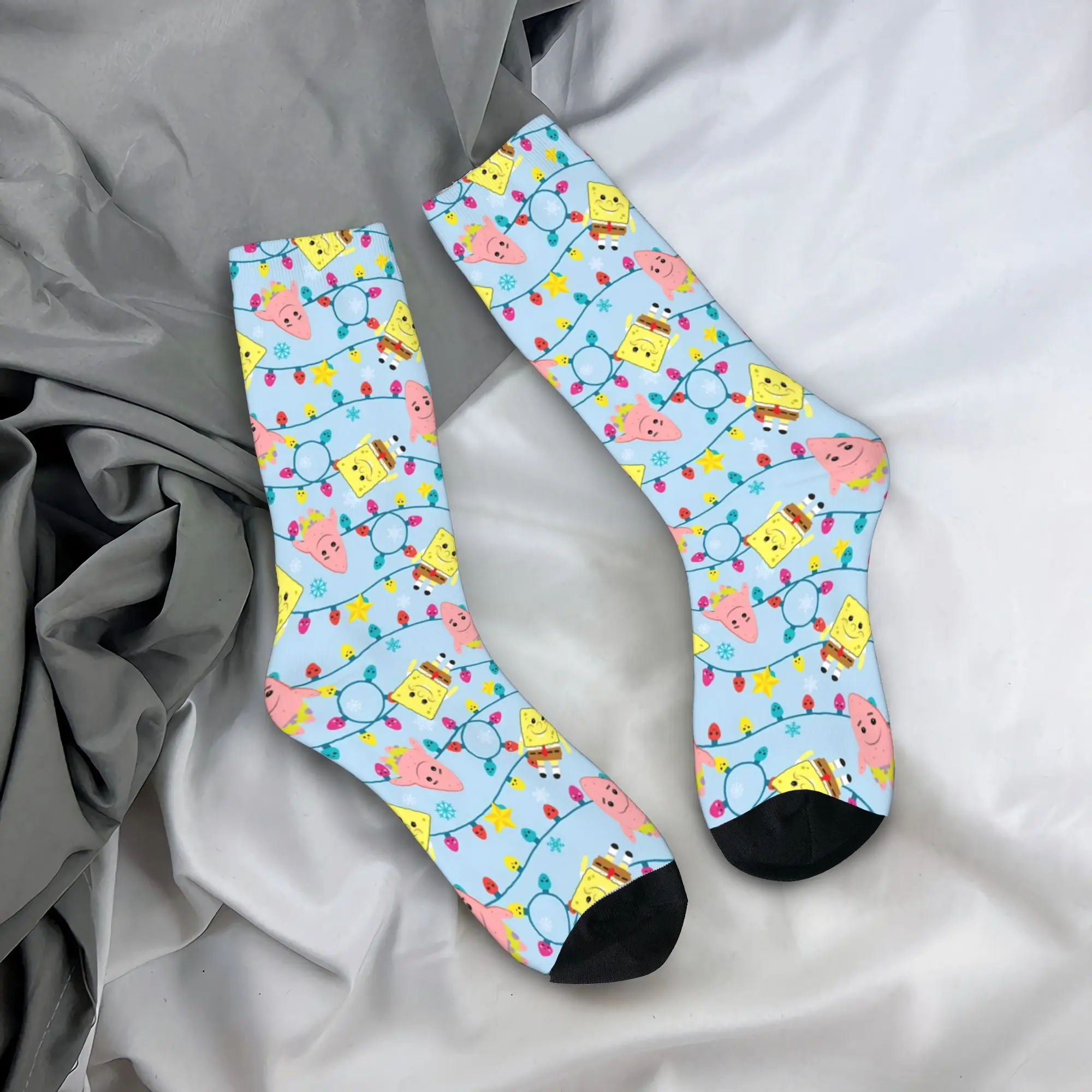 Men Socks SpongeBobs Light Blue Pastel Floral Tile  Stockings Non Skid Comfortable Socks Autumn Kawaii Outdoor Sports Socks
