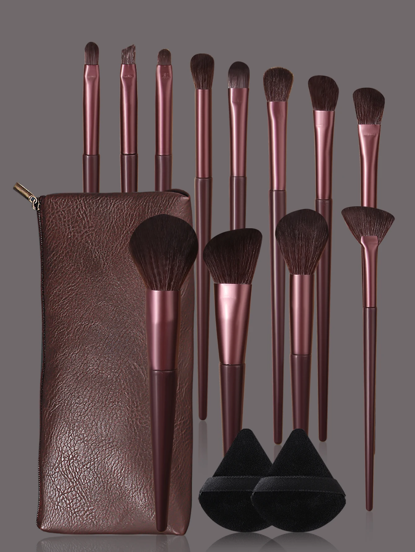 12pcs dark brown makeup brush set+2 triangular powder puffs+retro high-end storage bag portable travel professional makeuptools