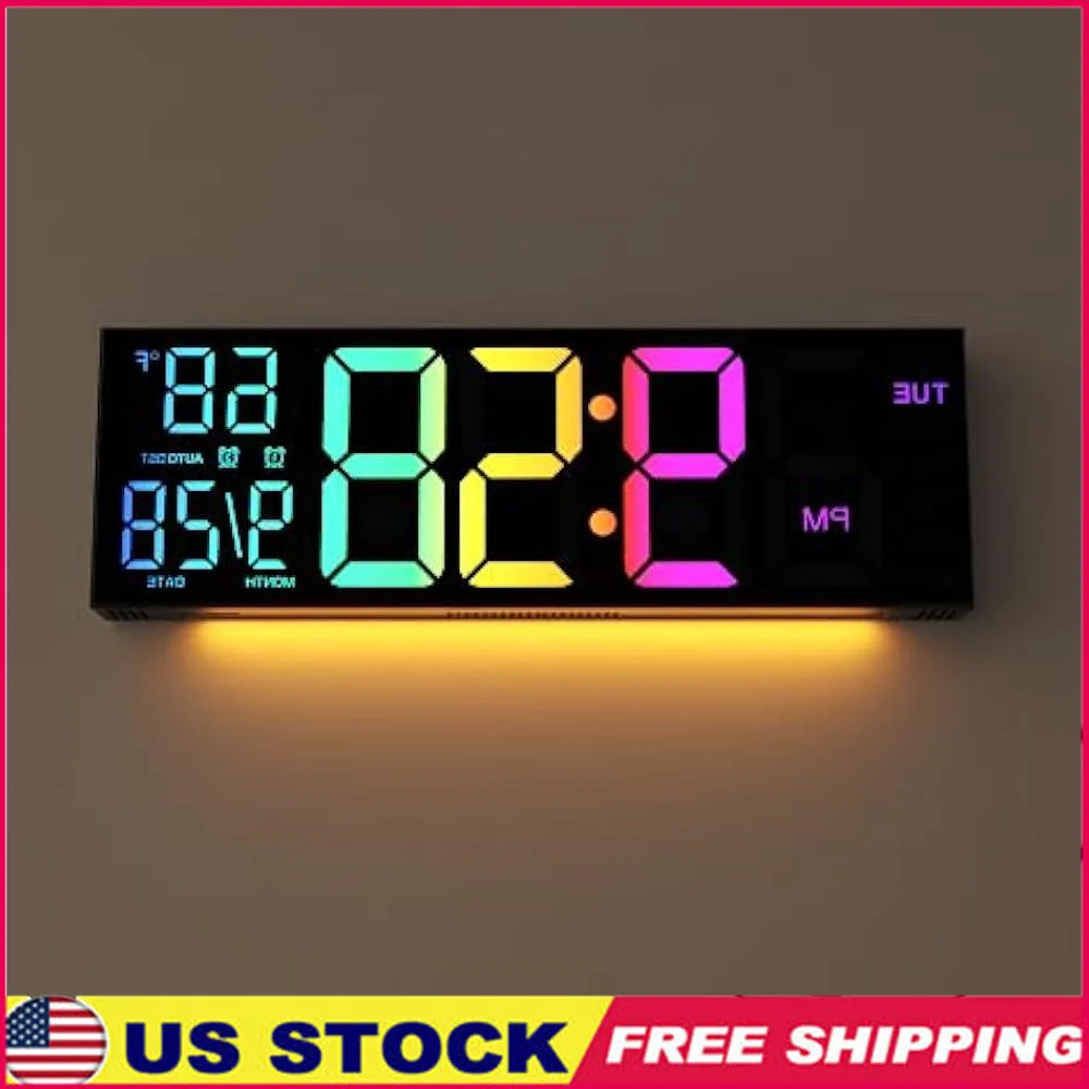 

Large Digital Wall Clock RGB Color Changing Remote Control Smart Alarm Clock Adjustable Brightness Timer Temperature Display