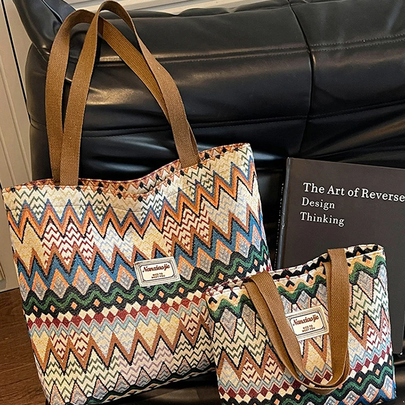 Bohemian Ethno-Stil Geometrischer Druck Canvas-Umhängetasche, Bunte Zickzack-Muster-Handtasche für Damen, Leichte Pendler-Tragetasche – Detail 9