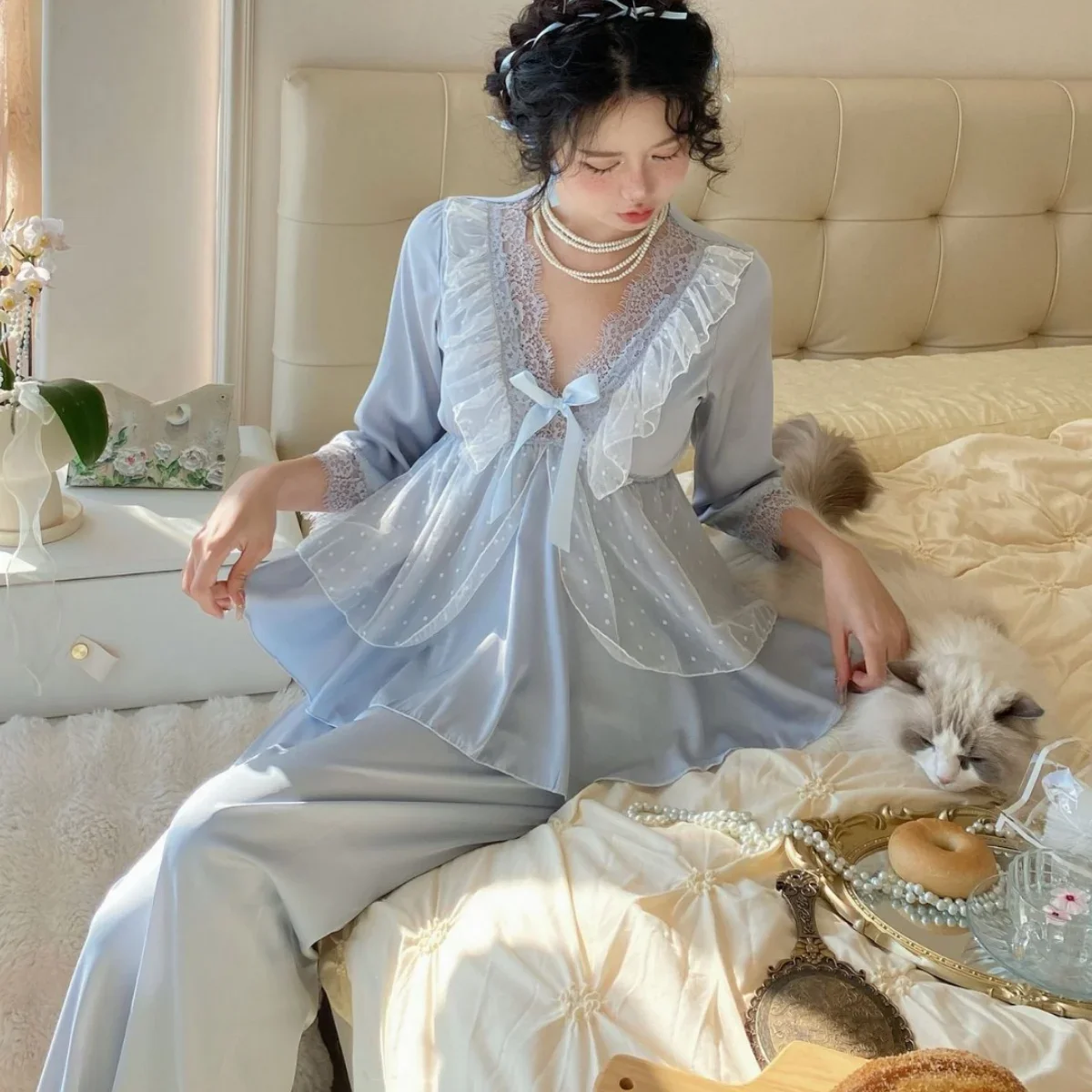 

Women 2PCS Pajamas Set French Palace Style Princess Sleepwear Pijamas Suit Spring Summer Half Sleeve Trouser Homewear Loungewear