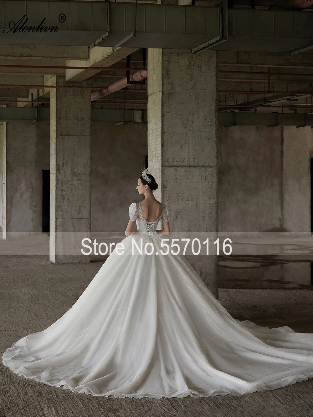 Alonlivn Customize Made V-Neck Gorgeous Voile Ball Gown Wedding Dresses Beading Appliques Lace Court Train Bridal Skirts