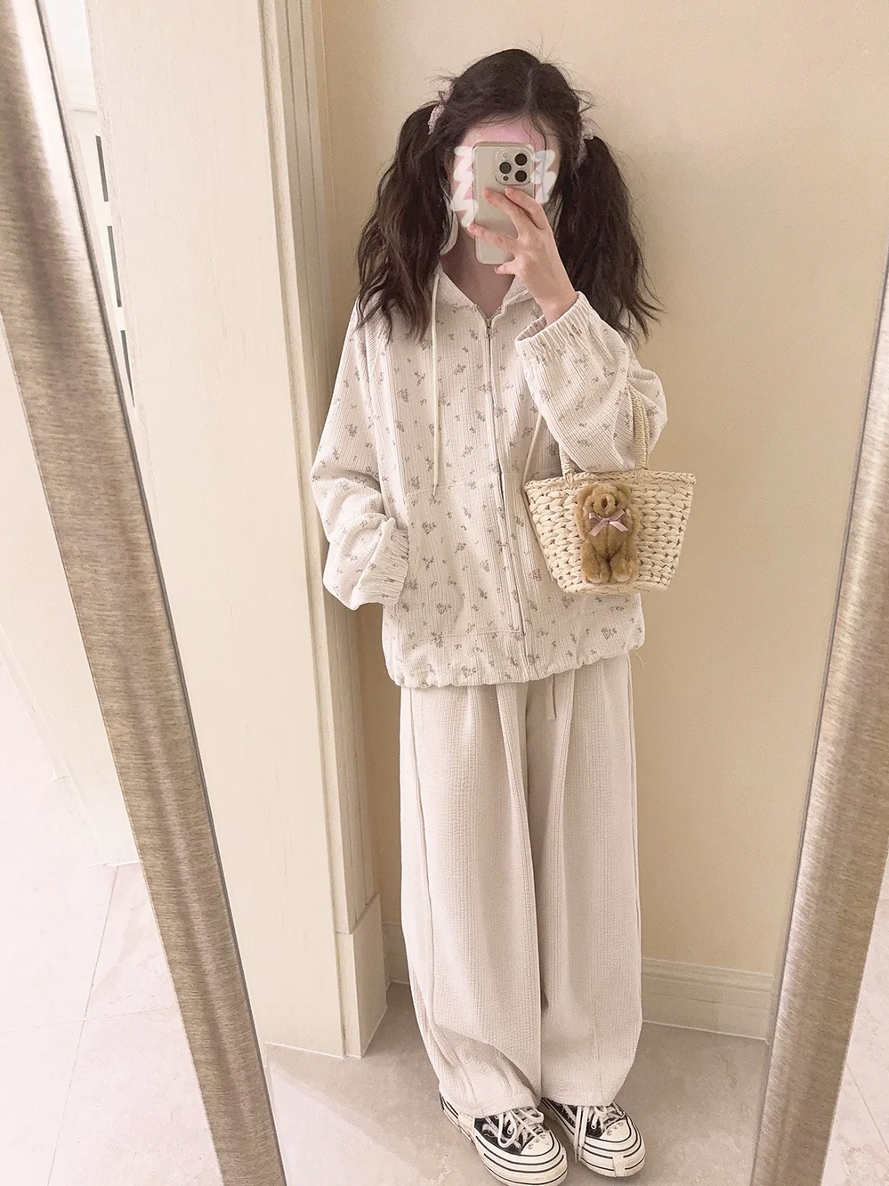 Jaqueta de Mole de Corduroy com Zíper Floral Retro, Calças Longas e Saia Curta, Moda Fena Coleção de Outono