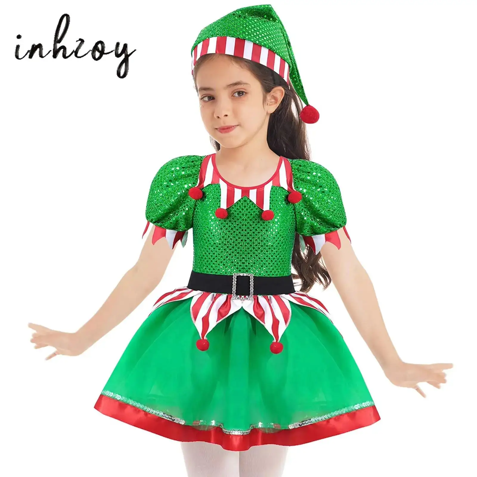 

Girls Christmas Mrs Santa Claus Costume Candy Cane Sequins Christmas Dance Leotard Dress with Hat Set Elf Suit Dancewear