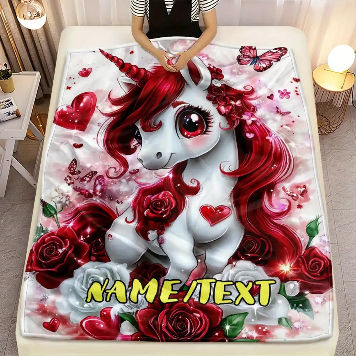 1pc Personalized unicorn blanket custom name and text, lightweight, suitable for all seasons and sofa bed travel companions
