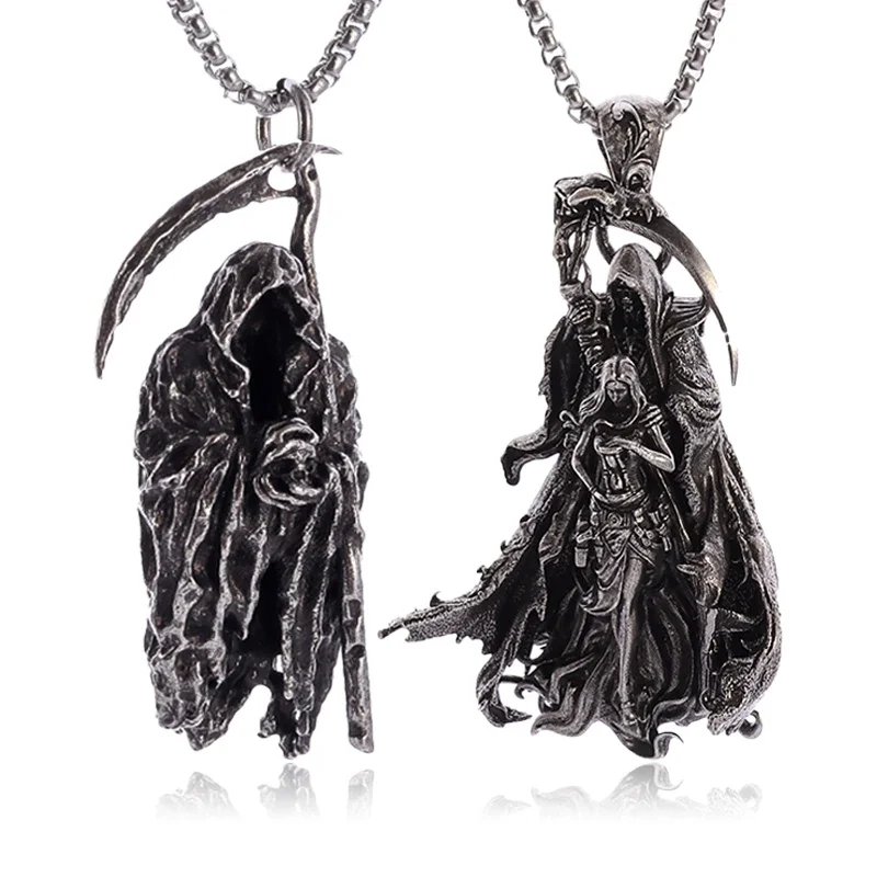 Gothic Vintage Reaper\\\\'s Scythe Necklace Life Ghost Devil Pendant Men\\\\'s Personality Halloween Trend Charm Jewelry Gift