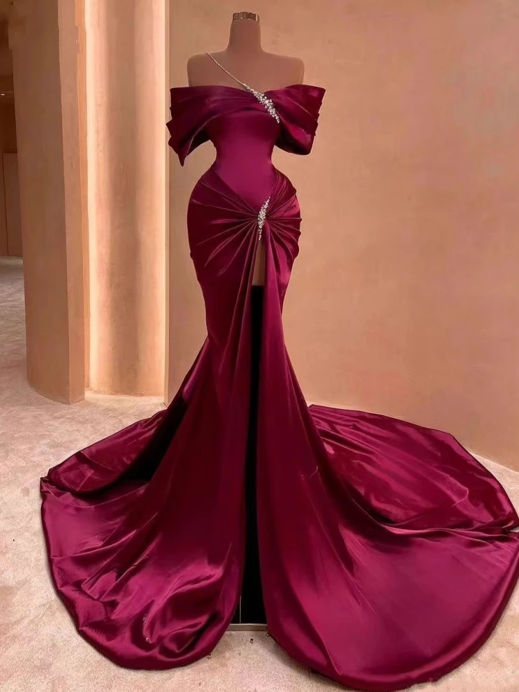 AA143 Customized Elegant Burgundy Satin Evening Dresses For Women Ruched Crystal Mermaid Sexy Front Slit Party Prom Dress Formal