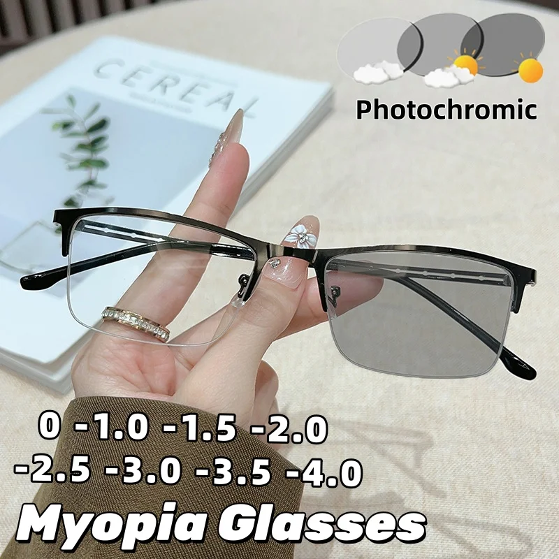 

Fashionable Business Semi-Rimmed Photochromic Myopia Glasses Openwork Temple Glasses Unisex Minus Diopter Eyeglasses 0 To -4.0