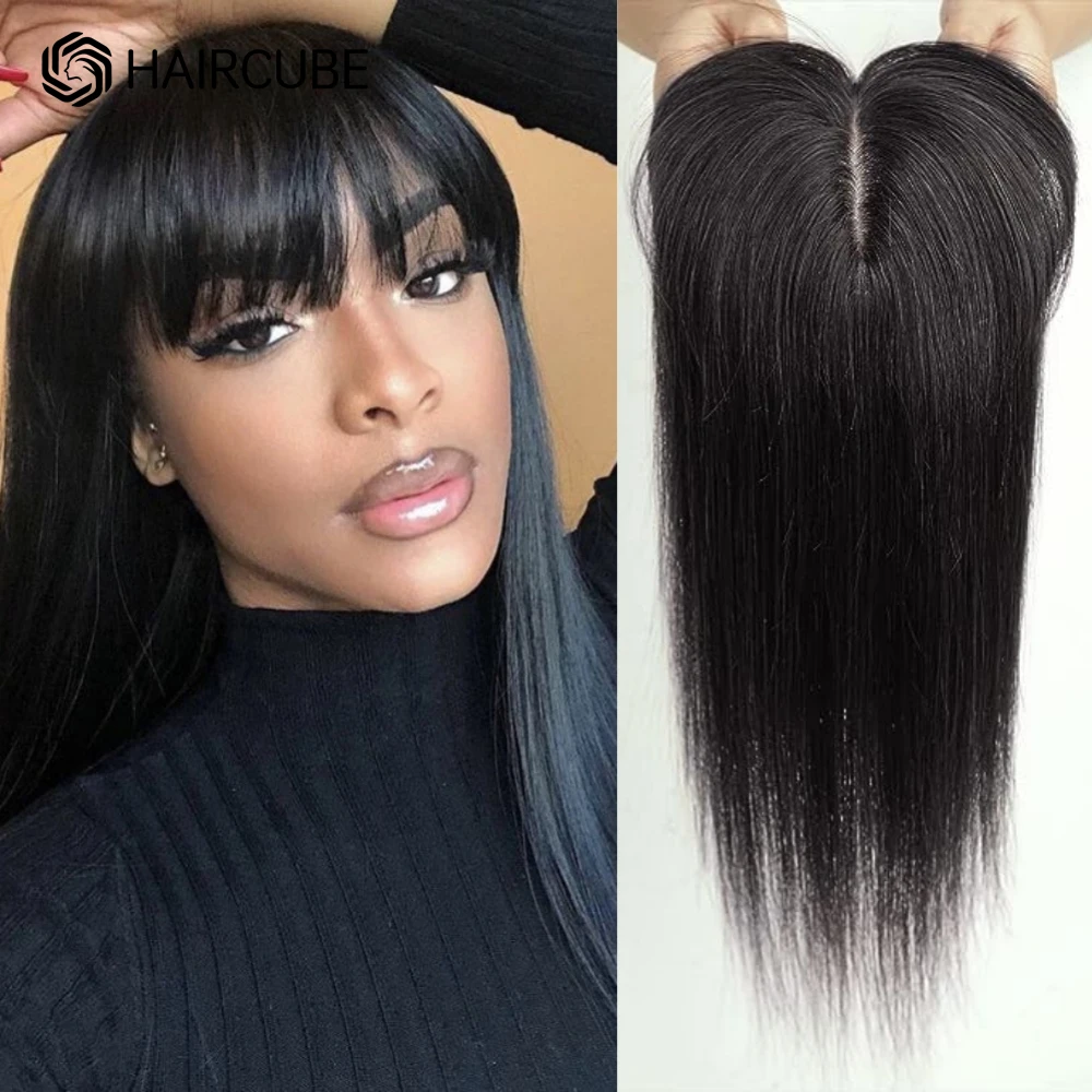 100% Remy Human Hair Toppers with Bangs Dark Black Hair Pieces for Women Silk Base Clip In Topper for Thinning Hair Loss Cover