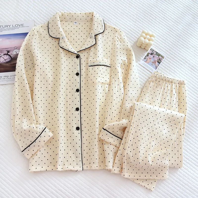 Women Lady Pajamas Shirt Pants Set Double Layer Cotton Yarn Crepe Homewear Long Sleeve Casual