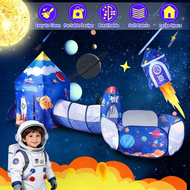 

3pc Space Ship Kids Play Tent, Crawl Tunnel, Ball Pit for Toddlers, Indoor Outdoor Playhouse Castle Toys, Baby Boys Girls Gift