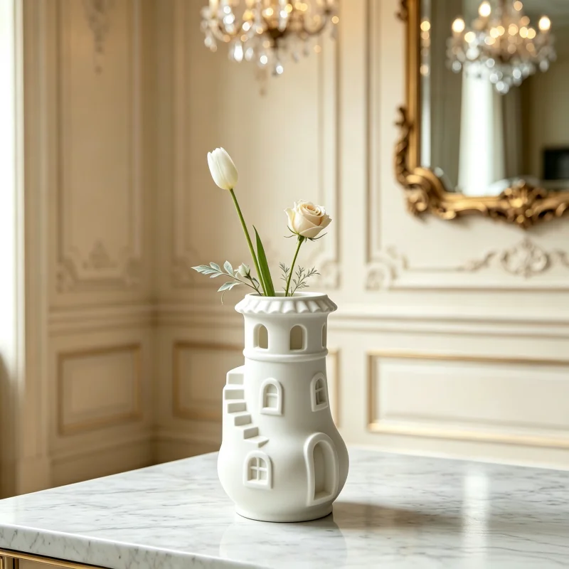 Matte White Castle-Shaped Mini Art Vase with 3D Architectural Design, Arch-Shaped Window, Side Staircase, Embossed Details, Smooth and Delicate Porcelain Texture, Minimalist and Luxurious French Romantic Style, Stable Base Suitable for Small Flower Arrangements, Decoration for Living Room, Entryway, Dressing Table, Desk, Multi-Scene Tabletop Decoration, Housewarming Birthday Gift for Girls, Flower Art Enthusiasts, High Aesthetic Home Craft Gift