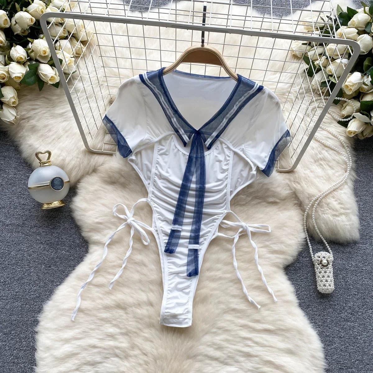 

V-Neck Sexy See-through Short Sleeved Cosplay Sailor Uniform Hollowed Out Slit Lace Up Jumpsuit Sweet Slim Fit Bodysuit Rompers