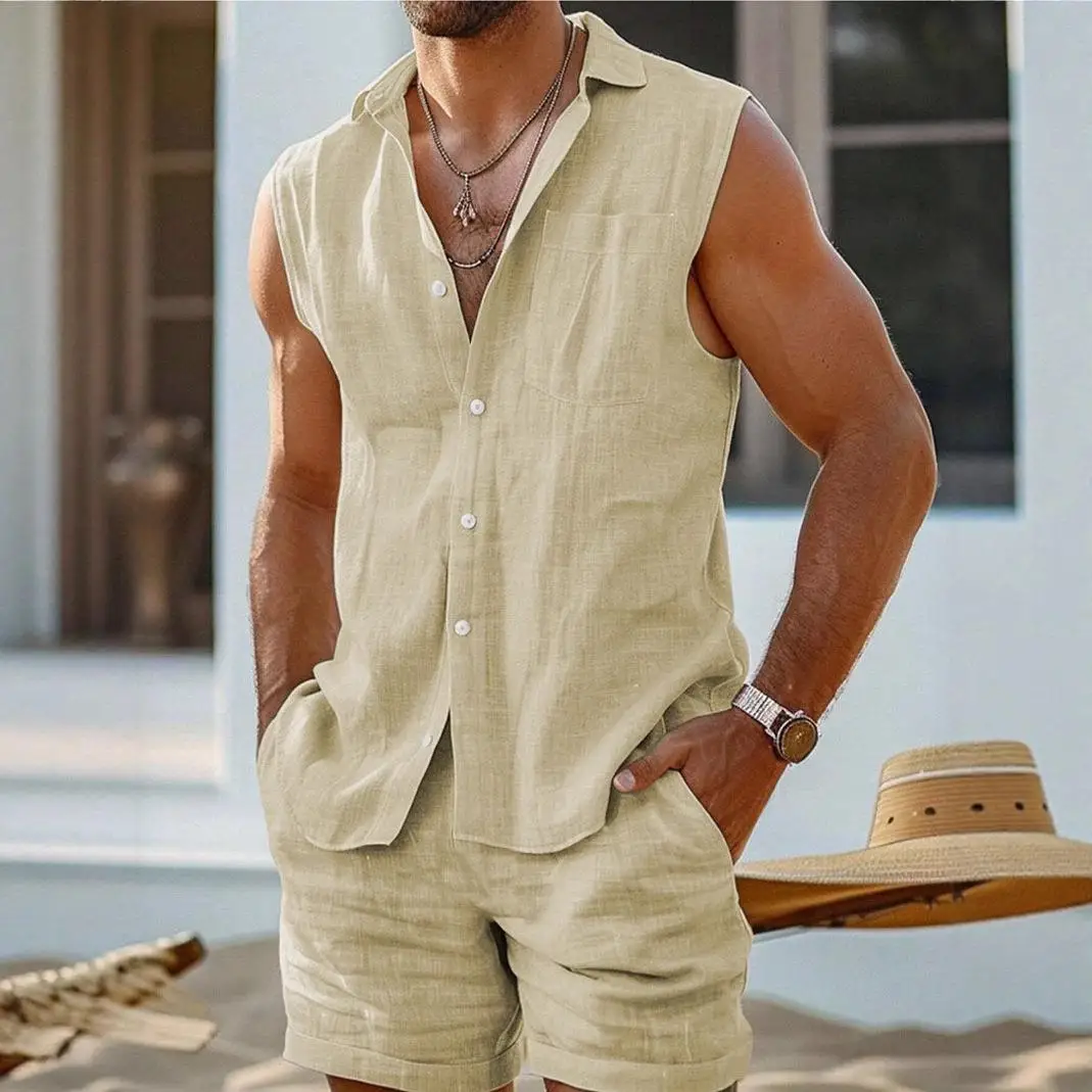 Conjunto de Moda Otoñal para Hombre, Chaleco Cárdigan con Cuello Alto, Traje de Lino y Algodón, Ropa Deportiva Informal, Pantalones Cortos de Siete Mangas