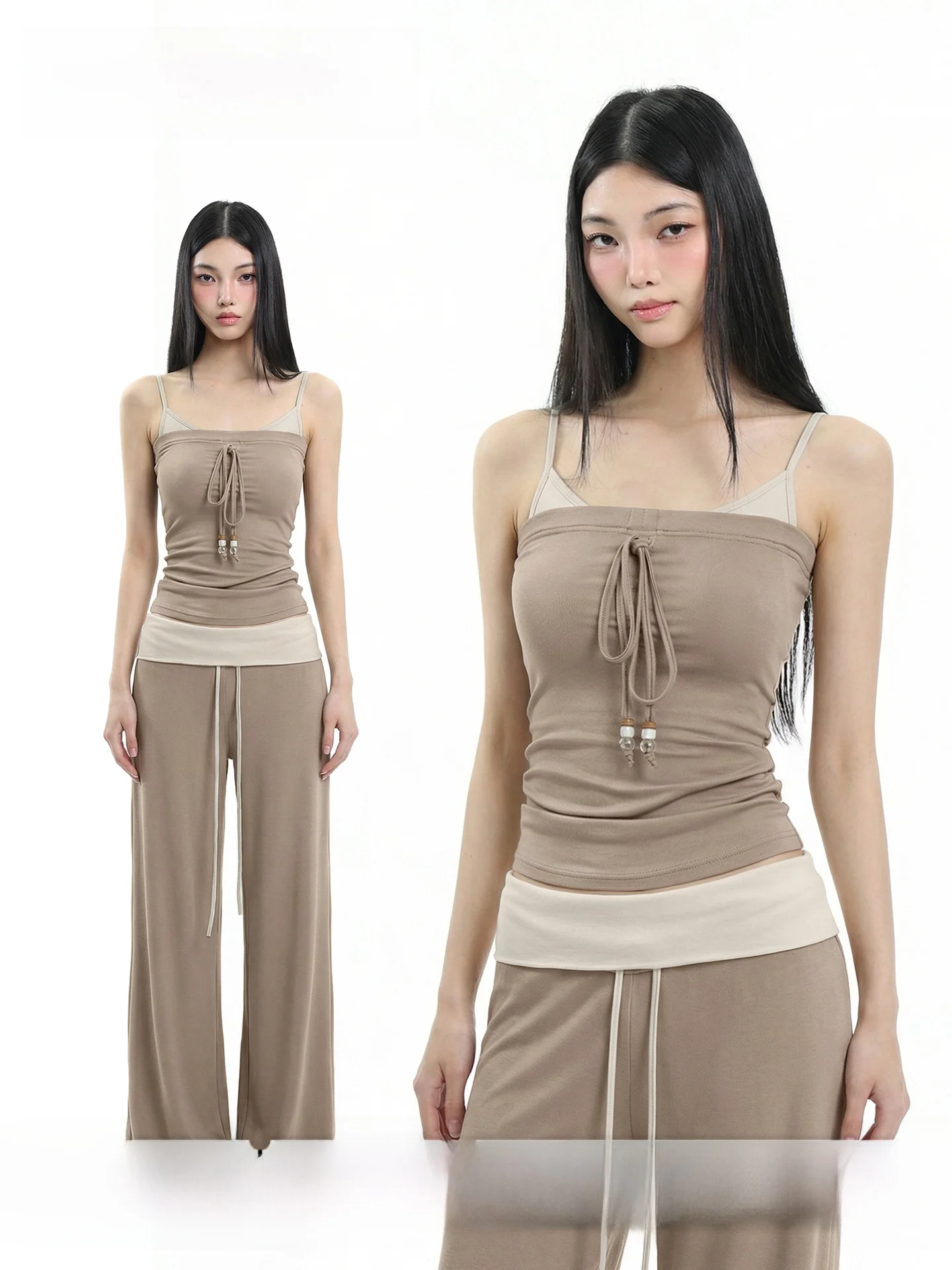 

UNCMHISEX Color Blo Knitted Crop Top And Wide Leg Pants Women's Summer Slimming Casual Two Piece Set Breathable Medium Weight