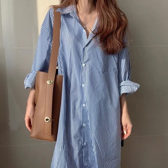 

Женская свободная рубашка в полоску оверсайз, удлиненная до колена, удобная, больших размеров, для повседневной носки, в корейском стиле, на пуговицах