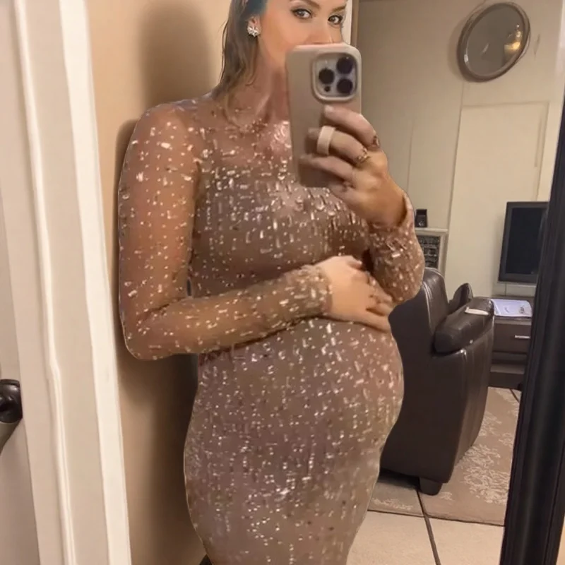 Maternity Photoshoot Dress Sexy Women's Sheer Mesh Rhinestone Coverup Long Sleeve Beach Pregnancy Gown for Photography