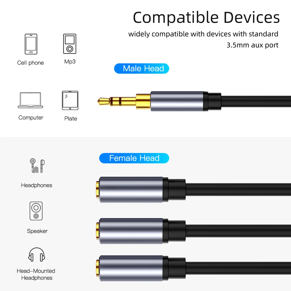 Rozgałęźnik słuchawek Kabel audio 3,5 mm żeński na 3-męski Jack 3,5 mm Rozgałęźnik Adapter Kabel Aux do iPhone Samsung Odtwarzacz MP3