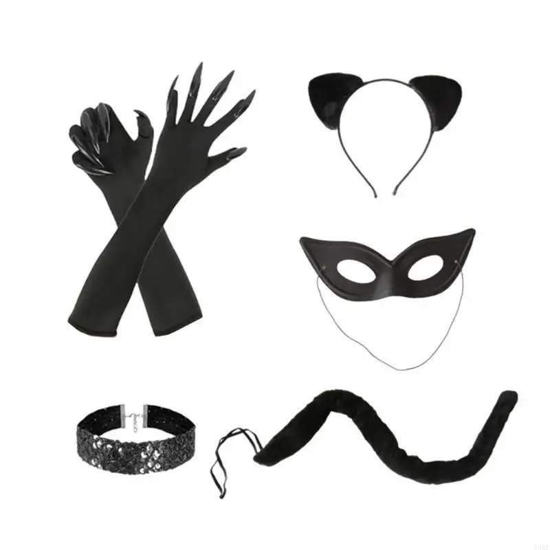 

Q0KE Black Cats Costume for Woman Cats Claw Gloves Cats Ear Headband Choker Necklace