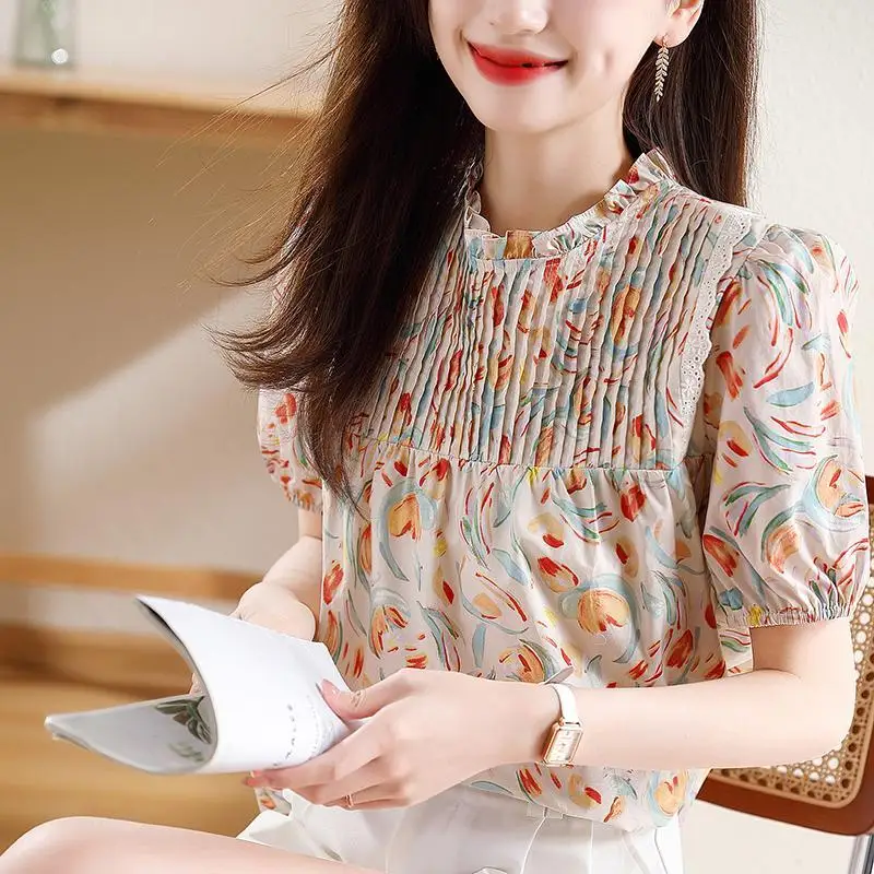 Women Stylish Print Ruffle Sweet Blouses Summer Elegant Chic Short Sleeve Shirts Casual O Neck Loose Tops Blusas Para Mujer 2024