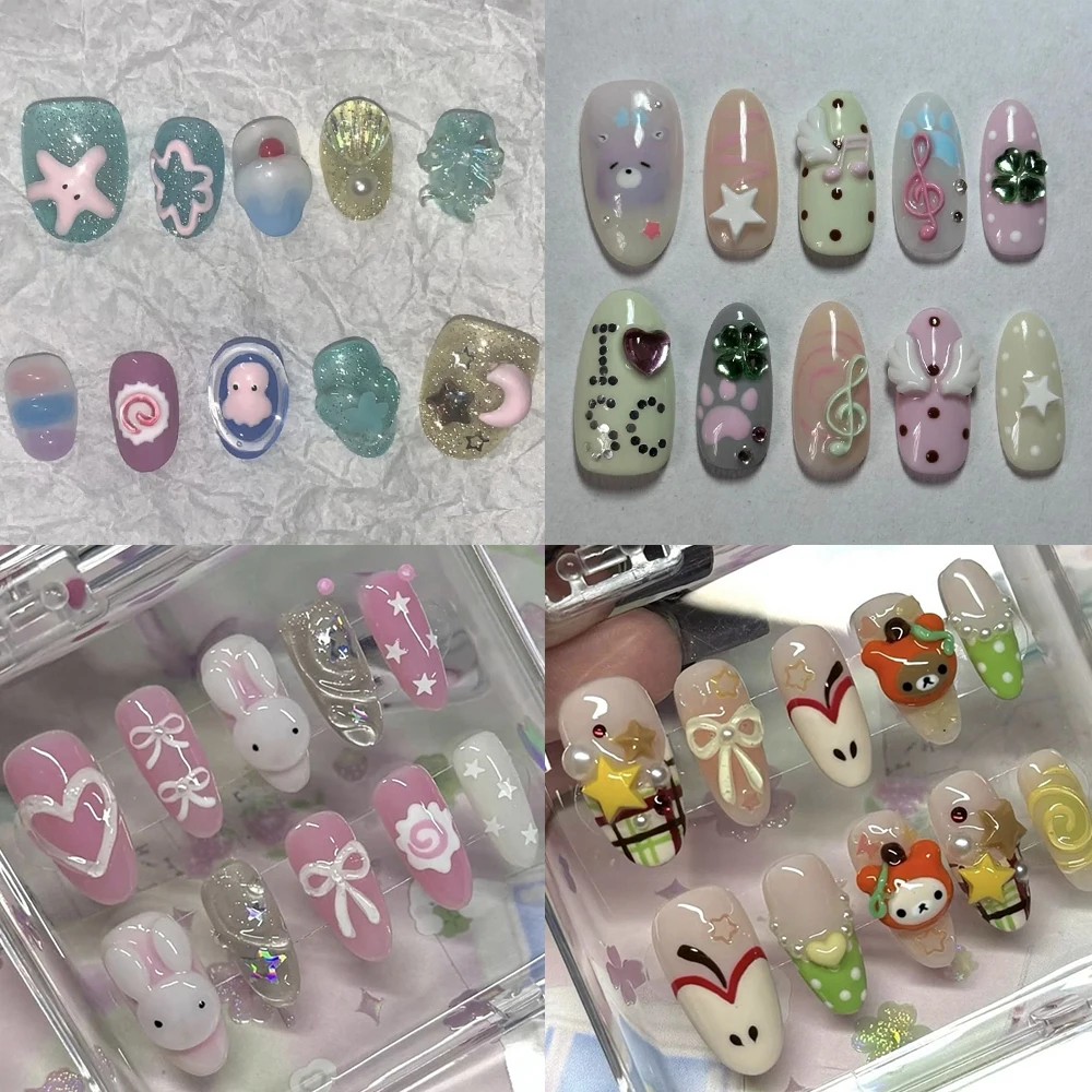 

Sweet Cute Cartoon Cat Dog Bear Handmade Short Square Ruond Removable Fake Nails Bowknot Bread Cookie Stars Press On Nails