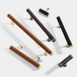 Nordic Fashion Leather Furniture Handles Golden Handles for Wardrobe and Drawer Zinc Alloy Furniture Fittings Cabinet Pulls