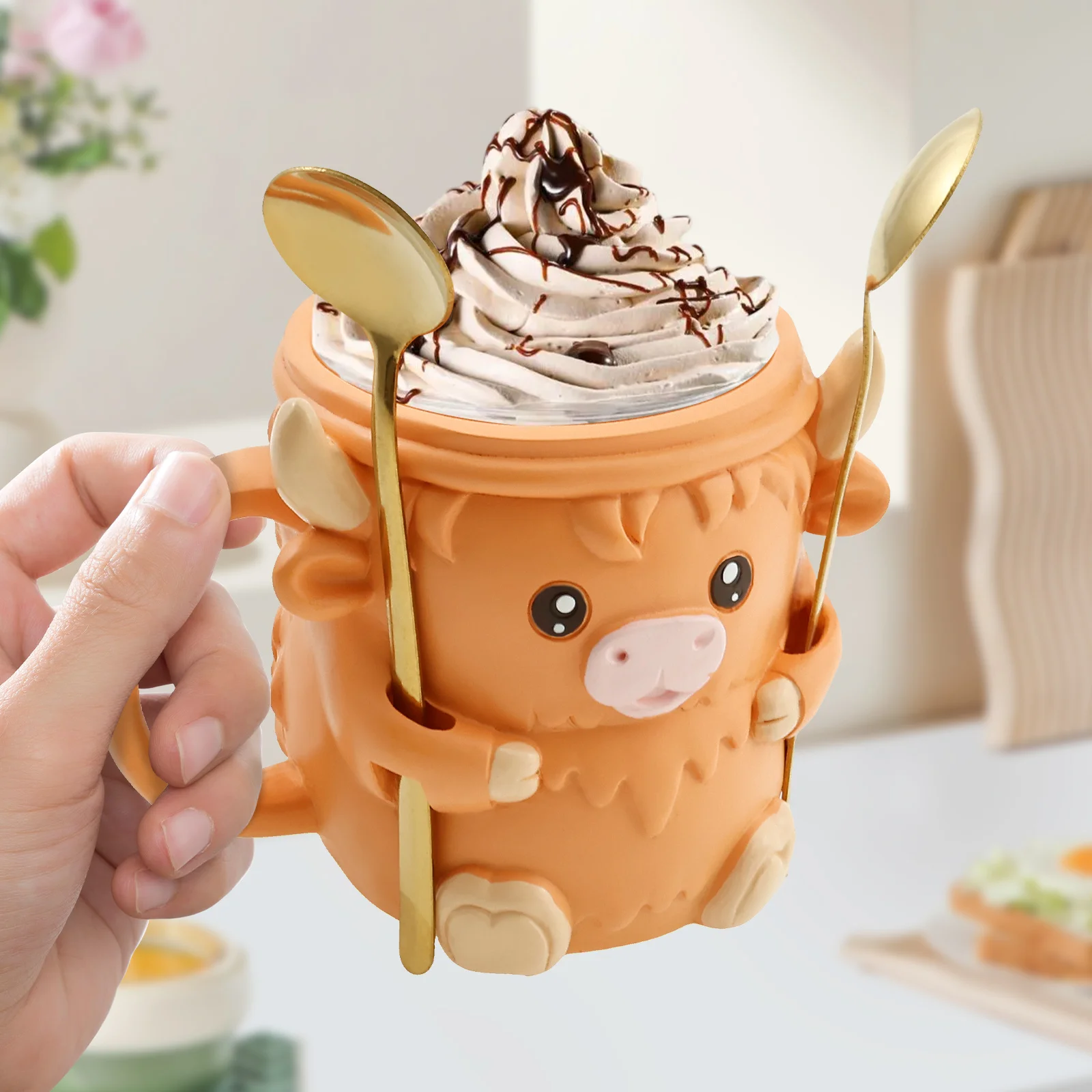 

1 комплект, держатель для кружки для мороженого в стиле Highland Cow, держатели для кружки для мороженого, милый держатель для кружки для мороженого с 2 ложками для пинтов 16 унций